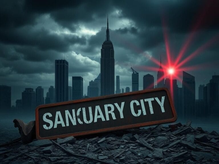 Flick International A cracked and weathered cityscape symbolizing tension and division in a sanctuary city