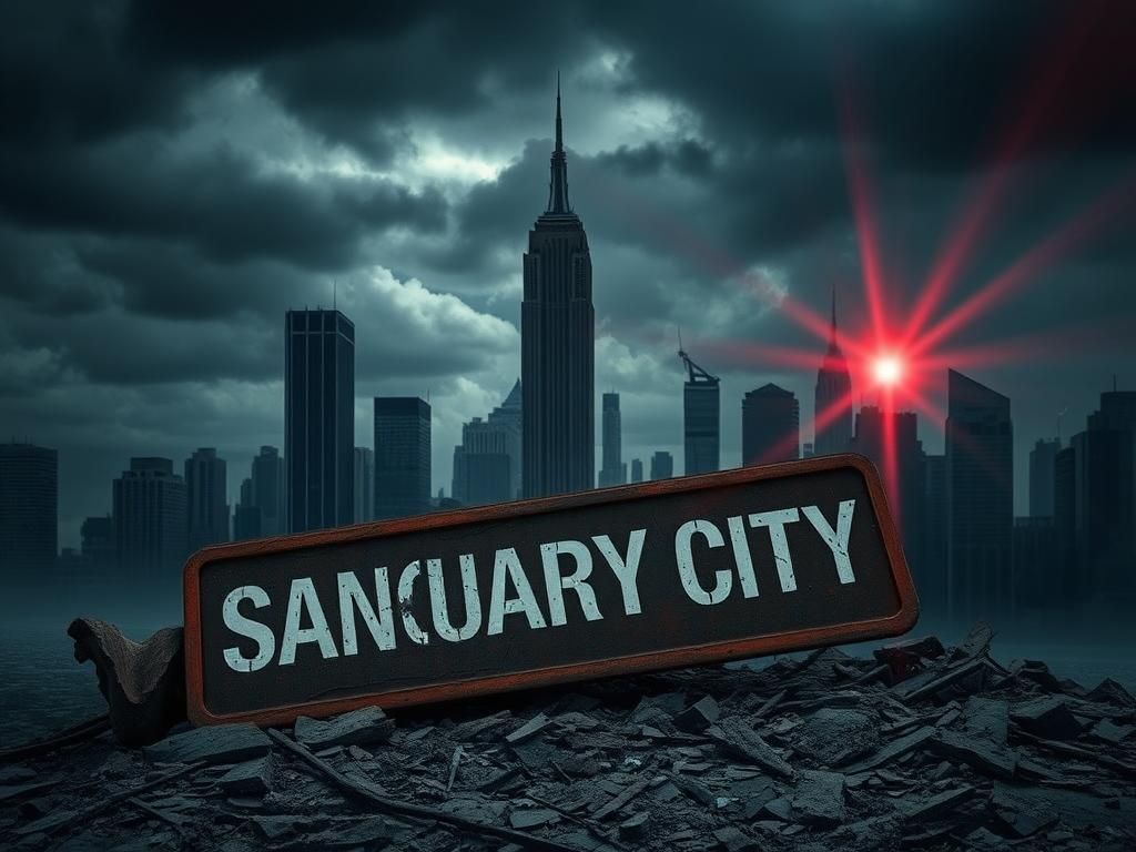 Flick International A cracked and weathered cityscape symbolizing tension and division in a sanctuary city