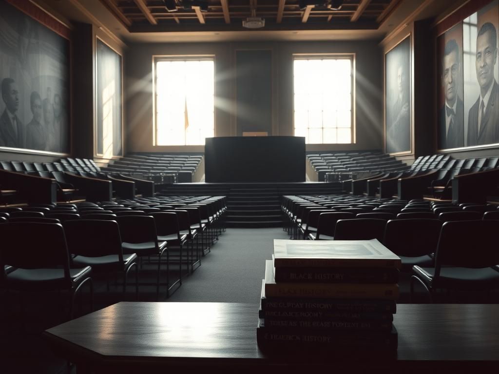 Flick International Empty Cincinnati town hall with a large podium symbolizing dialogue on Black history