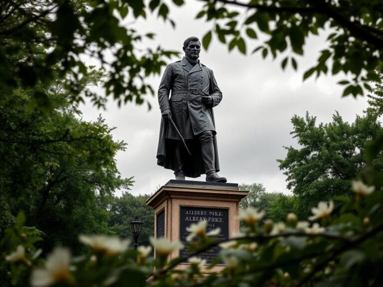 Flick International Bronze statue of Confederate General Albert Pike surrounded by lush trees and flowers in a park