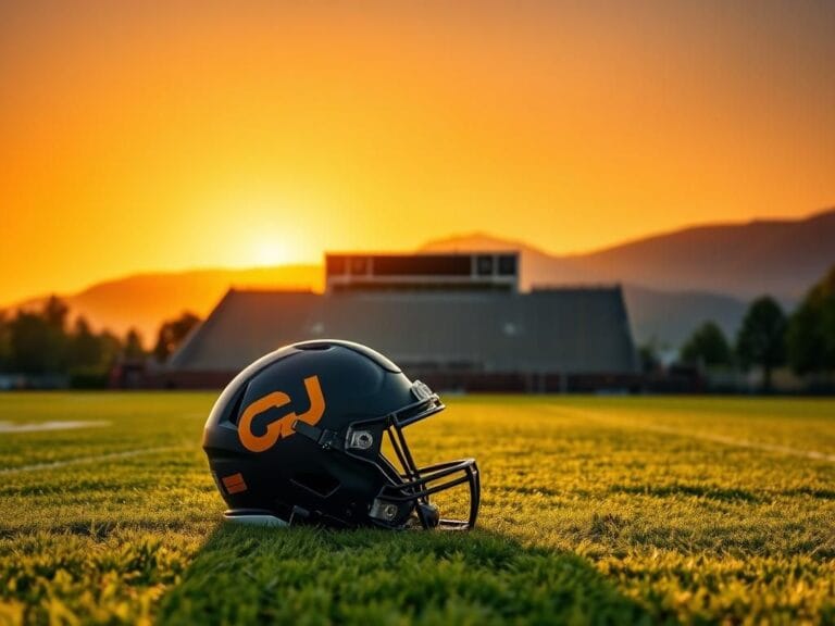 Flick International Tranquil football field at dusk with a Colorado Buffaloes helmet