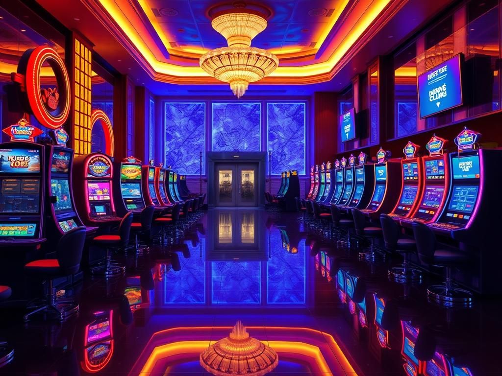 Flick International A vibrant Las Vegas casino floor with empty gaming tables and brightly lit slot machines