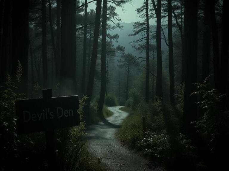 Flick International Dimly lit forest scene at Devil's Den State Park showcasing winding hiking trail and shadowy trees
