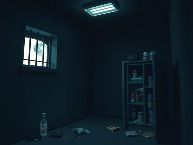Flick International Dark prison cell with a small window, cluttered with a Roku streaming device and a video game console.