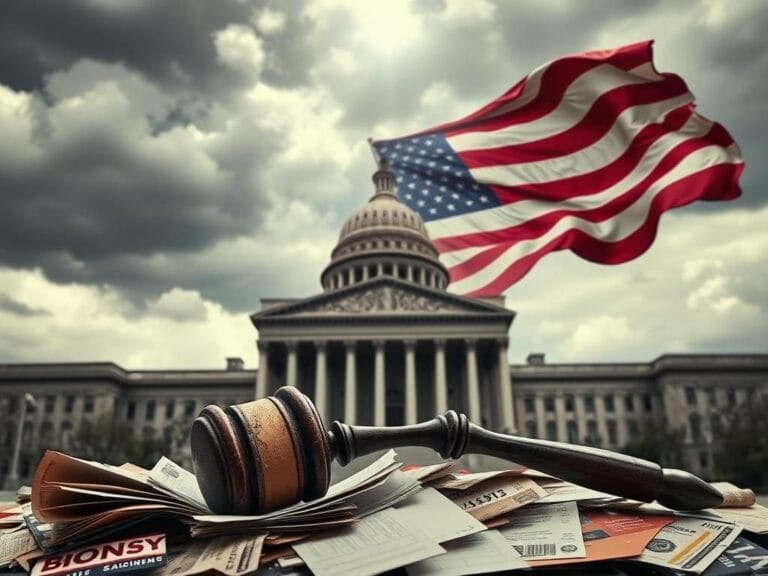 Flick International Fragmented American flag billowing in the wind over a crumbling government building