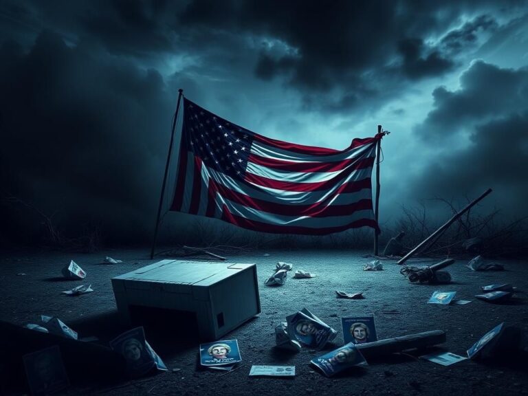 Flick International A cracked ballot box with scattered campaign flyers symbolizes lost trust in democracy amidst political turmoil.