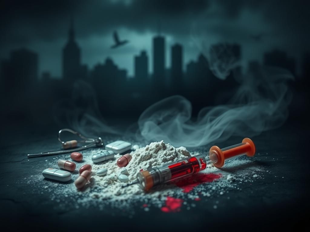 Flick International Abstract representation of synthetic opioids showcasing pills, powders, and a broken syringe on a distressed surface