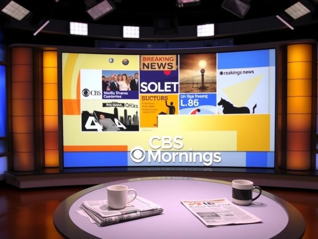 Flick International Modern television studio setting with empty news desk and CBS Mornings logo