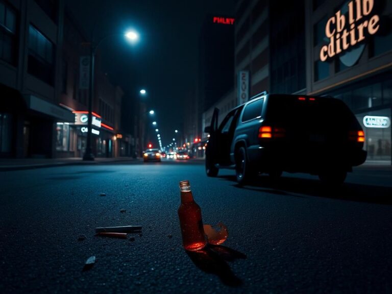 Flick International A moody nighttime scene of a deserted downtown Cincinnati street showing signs of a recent disturbance.