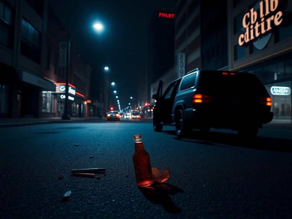 Flick International A moody nighttime scene of a deserted downtown Cincinnati street showing signs of a recent disturbance.