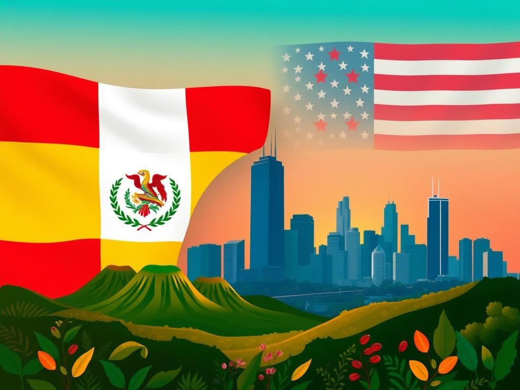 Flick International A vibrant representation of Guatemalan and American cultures intertwining with flags and landscapes