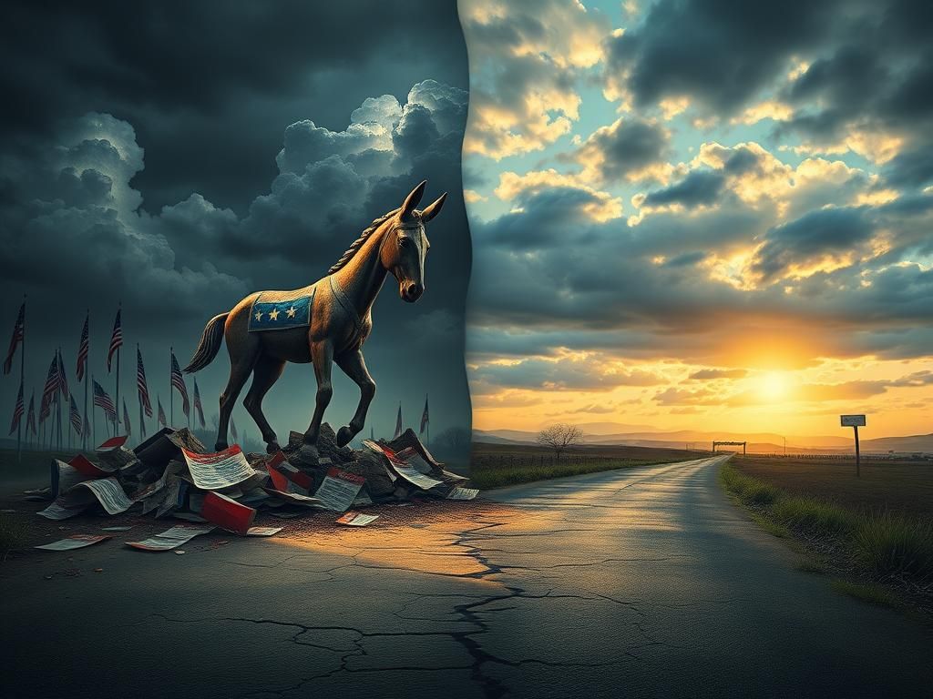 Flick International A split scene illustrating political tension, featuring a crumbling Democratic donkey and scattered election ballots