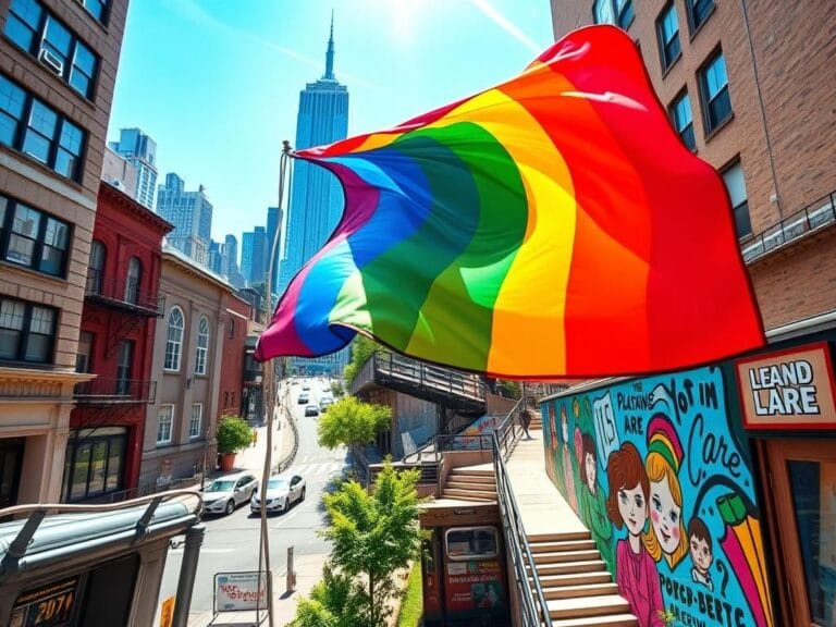 Flick International Vibrant urban landscape in New York City with rainbow flag symbolizing LGBTQIA+ rights and posters advocating for social justice