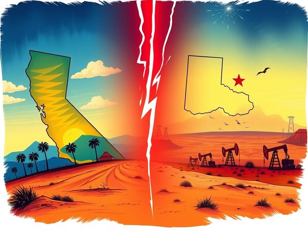 Flick International Dramatic split-scene illustration of contrasting political climates in California and Texas