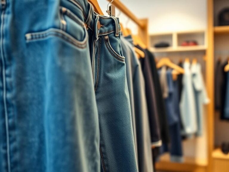Flick International Close-up of stylish blue denim jeans on a wooden rack