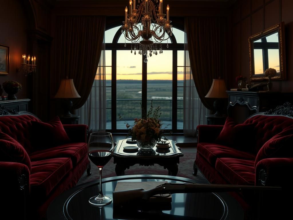 Flick International Elegant living room in a lavish East Texas mansion highlighting opulence and secretive undertones