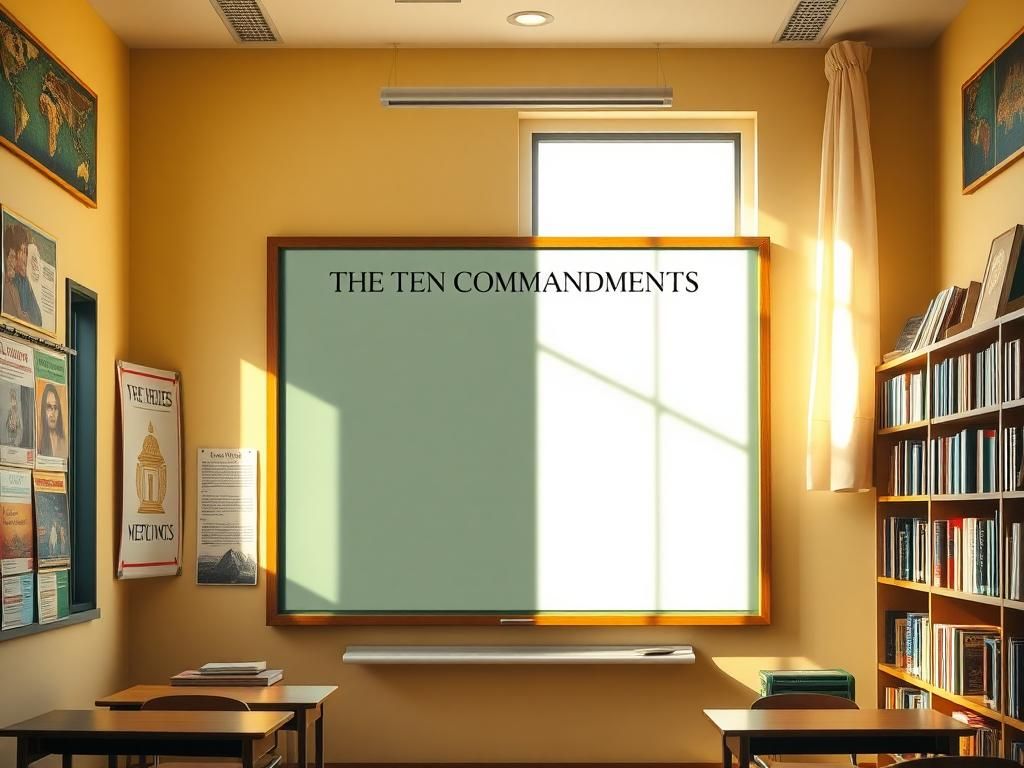 Flick International Classroom setting with large empty chalkboard indicating absence of Ten Commandments display