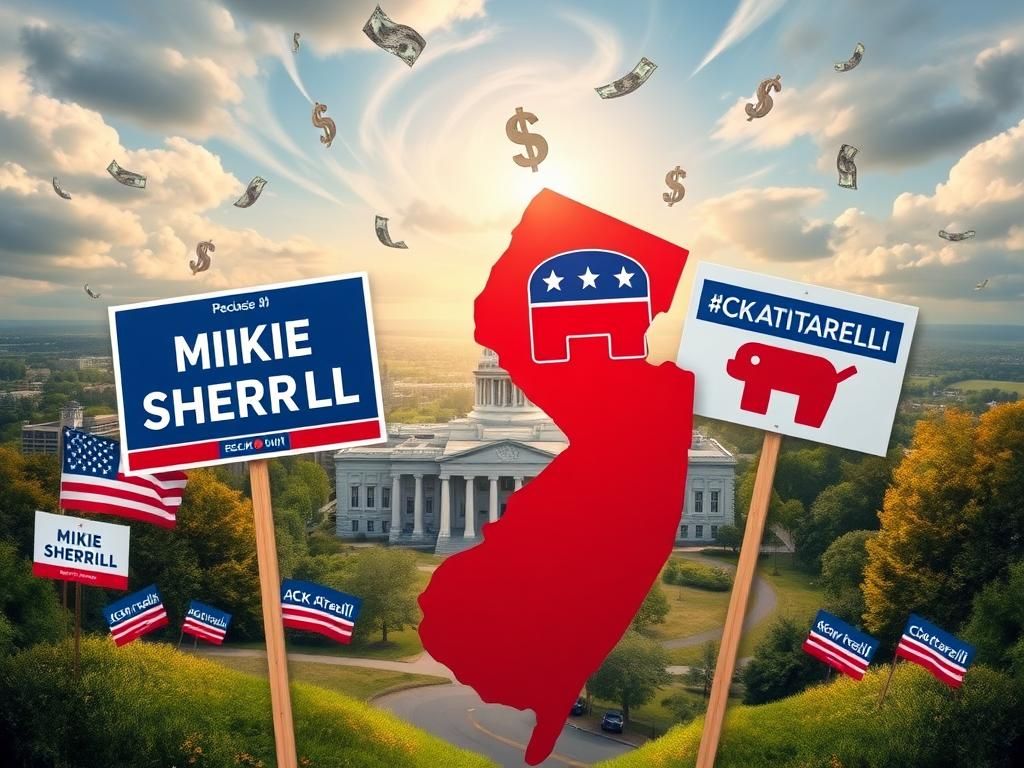 Flick International Dynamic representation of New Jersey's gubernatorial race with campaign signs for Sherrill and Ciattarelli