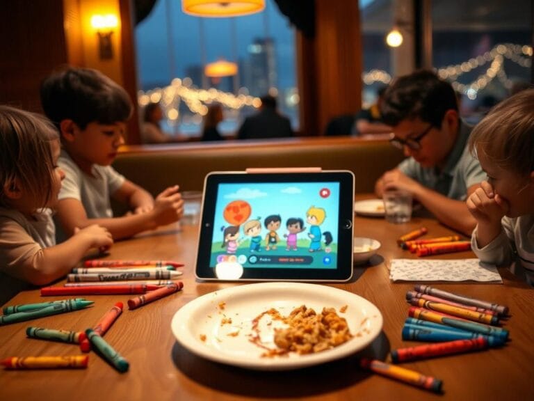 Flick International Cozy family dinner table setting with an iPad displaying colorful cartoons and scattered crayons