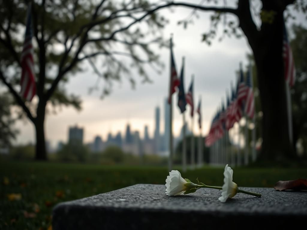 Flick International Somber scene in a park with flags at half-mast, symbolizing mourning for fallen NYPD officers.