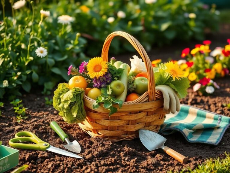 Flick International A wooden harvest basket filled with fresh vegetables and flowers in a serene garden setting