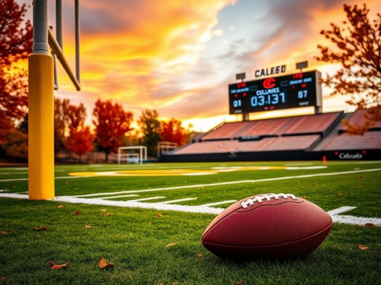 Flick International Close-up view of a vibrant football field in autumn with a goal post and scoreboard