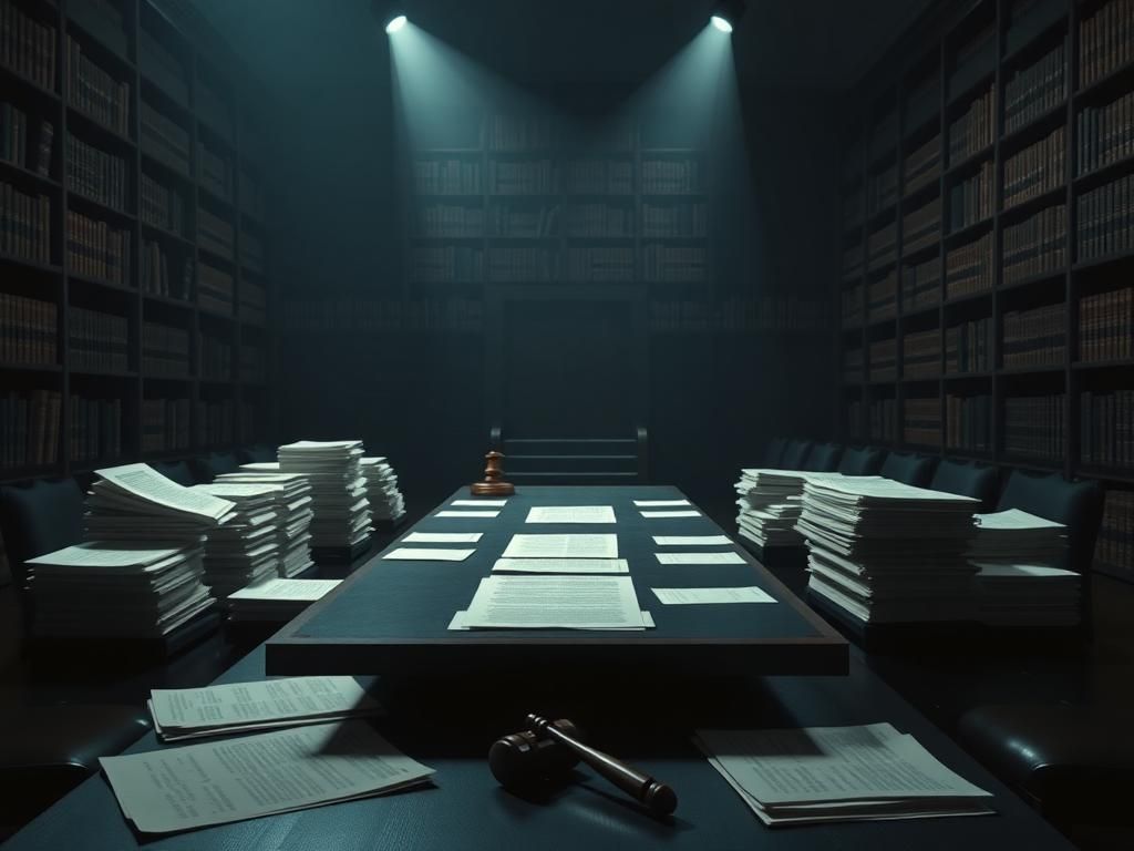 Flick International Darkened courtroom scene with an empty table filled with legal documents and subpoenas, indicating a serious investigation into Epstein.