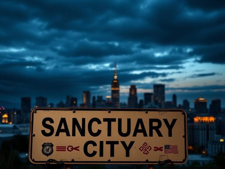 Flick International Cityscape at dusk featuring a bold 'SANCTUARY CITY' sign representing the sanctuary city debate