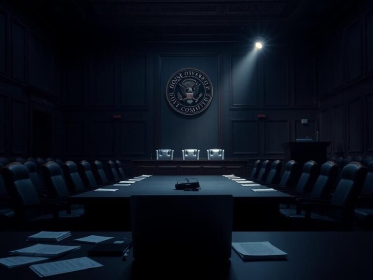 Flick International Dimly lit congressional hearing room with a central long table and high-backed chairs, symbolizing ongoing investigation