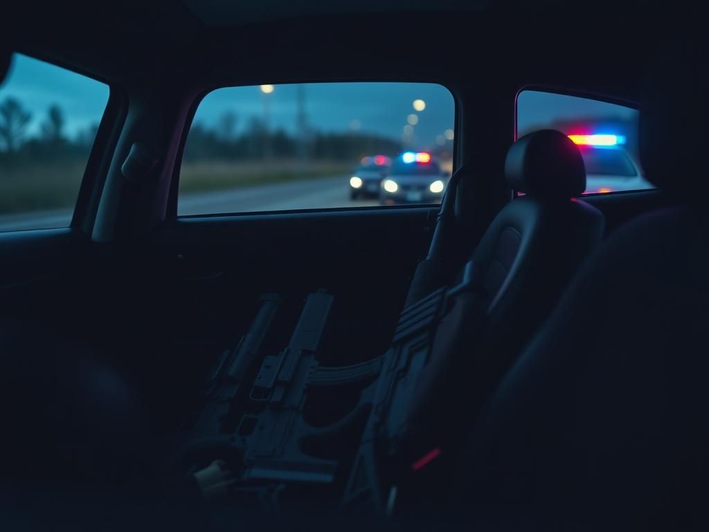 Flick International interior of a car with firearms partially visible