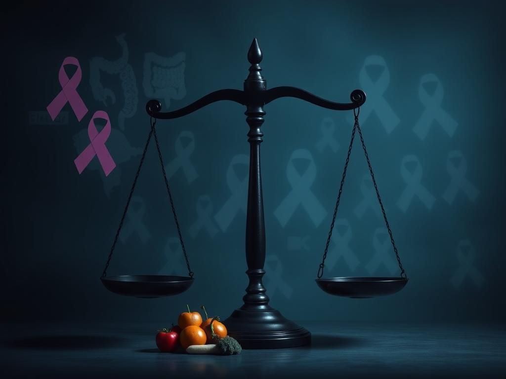 Flick International A darkened scale tipping heavily to one side, symbolizing the rise in obesity-related cancer deaths, surrounded by fragmented cancer symbols and hints of fresh produce.
