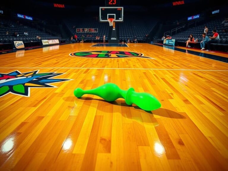 Flick International Neon-green sex toy lying on a polished WNBA basketball court