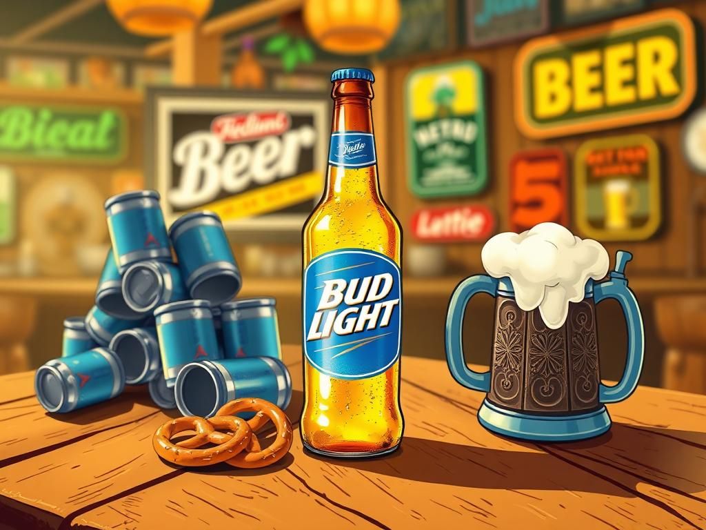 Flick International Vintage Bud Light beer bottle on rustic wooden table with pretzels and festive stein