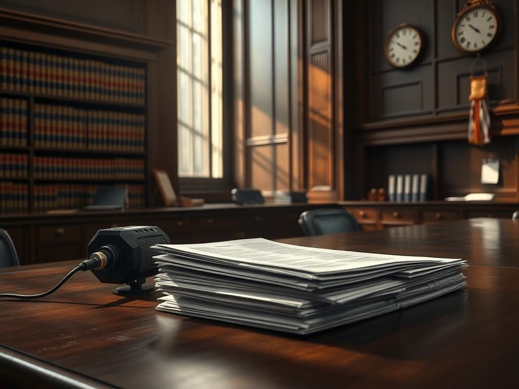 Flick International A courtroom scene with legal documents and recording devices