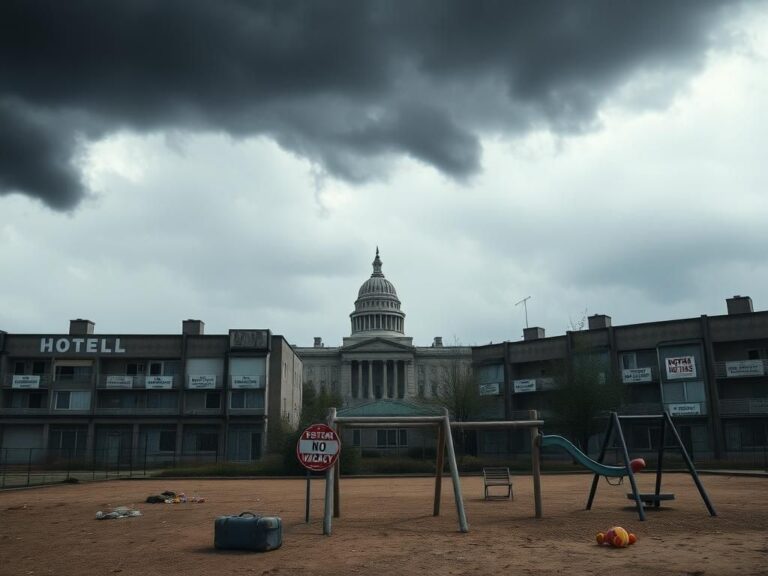 Flick International Urban landscape with closed hotels and empty playground illustrating the migrant shelter crisis