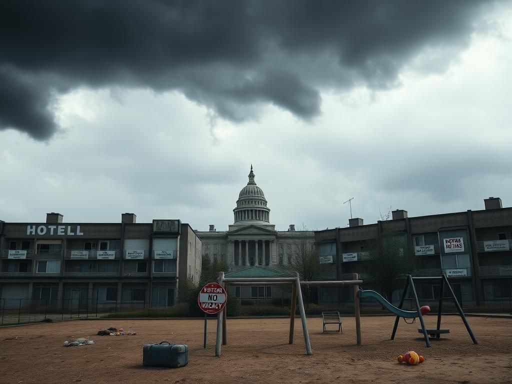 Flick International Urban landscape with closed hotels and empty playground illustrating the migrant shelter crisis