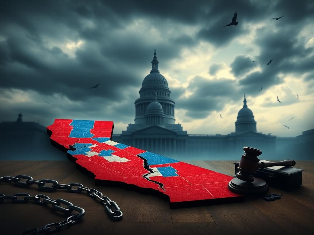 Flick International A dramatic representation of California's redistricting struggle with a cracked political map and shadowy government buildings.