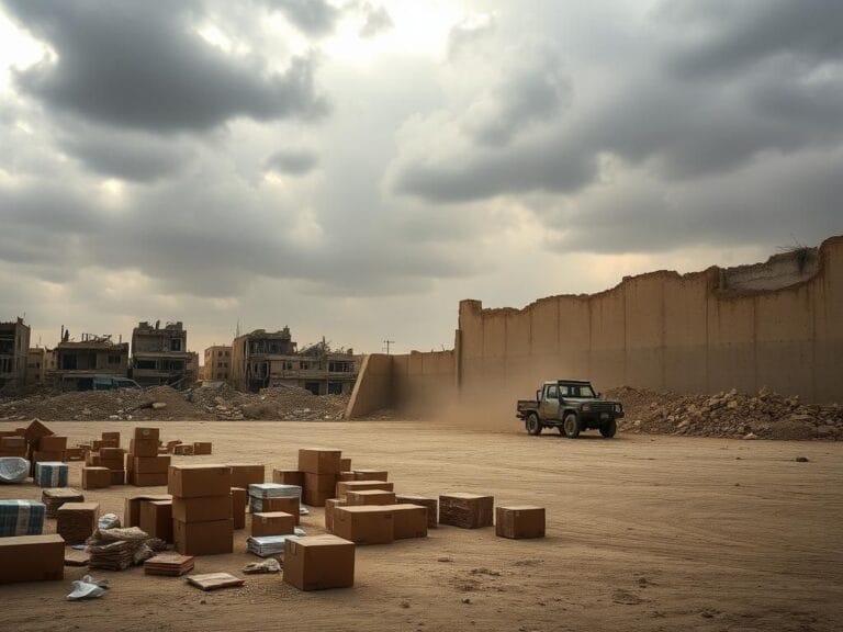 Flick International Desolate humanitarian aid distribution site in Gaza with empty boxes and scattered supplies under an overcast sky