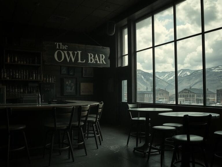 Flick International Dimly lit interior of The Owl Bar in Montana, evoking tension after a violent incident.