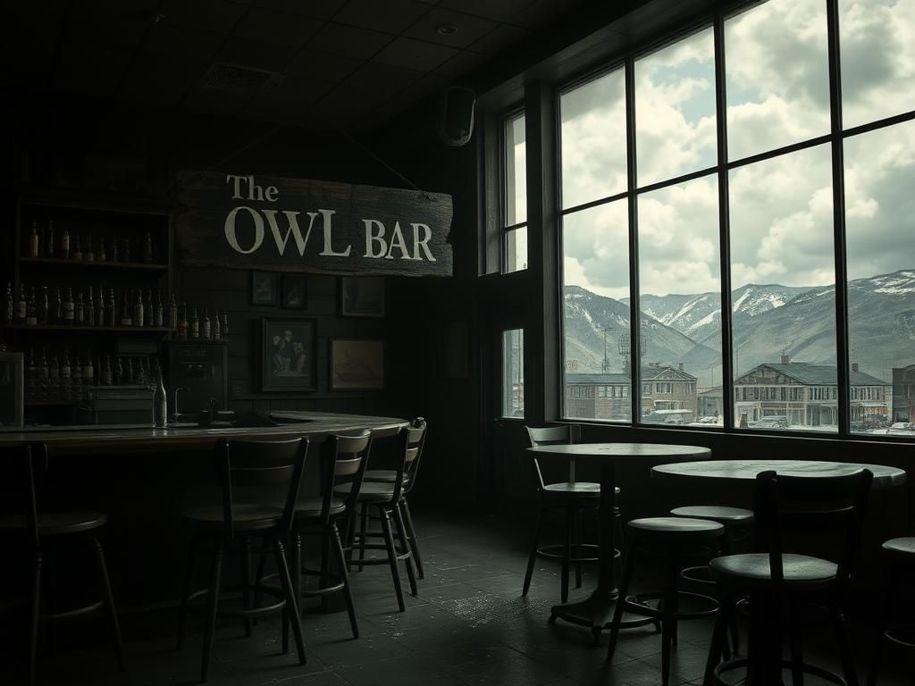 Flick International Dimly lit interior of The Owl Bar in Montana, evoking tension after a violent incident.