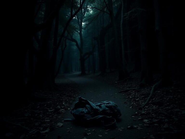 Flick International Dark forest scene at Devil's Den State Park with abandoned backpack