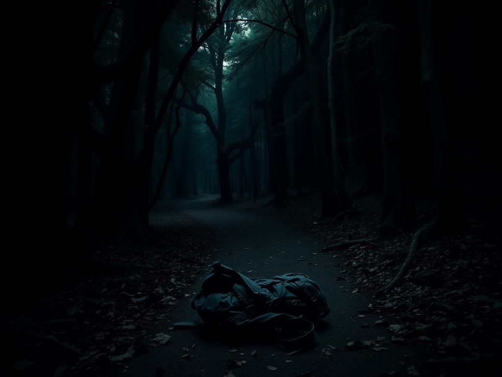 Flick International Dark forest scene at Devil's Den State Park with abandoned backpack