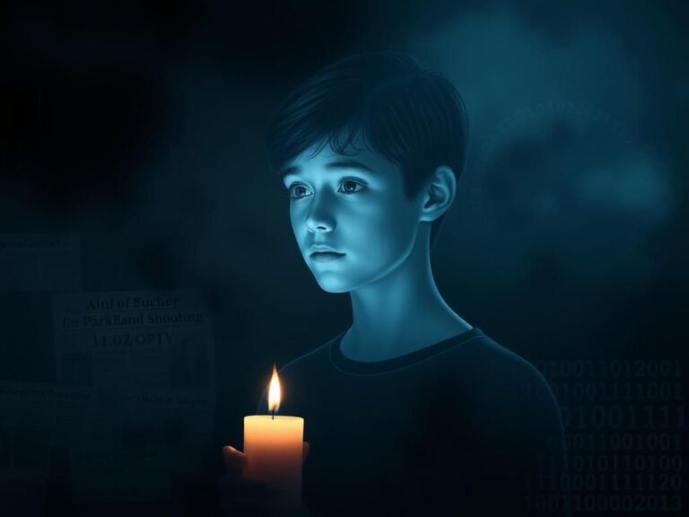 Flick International Lifelike AI-generated hologram of Joaquin Oliver, a Parkland shooting victim, set against a dark background symbolizing grief and technology.