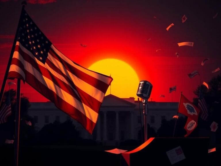 Flick International American flag waving in the foreground with the White House silhouette in the background