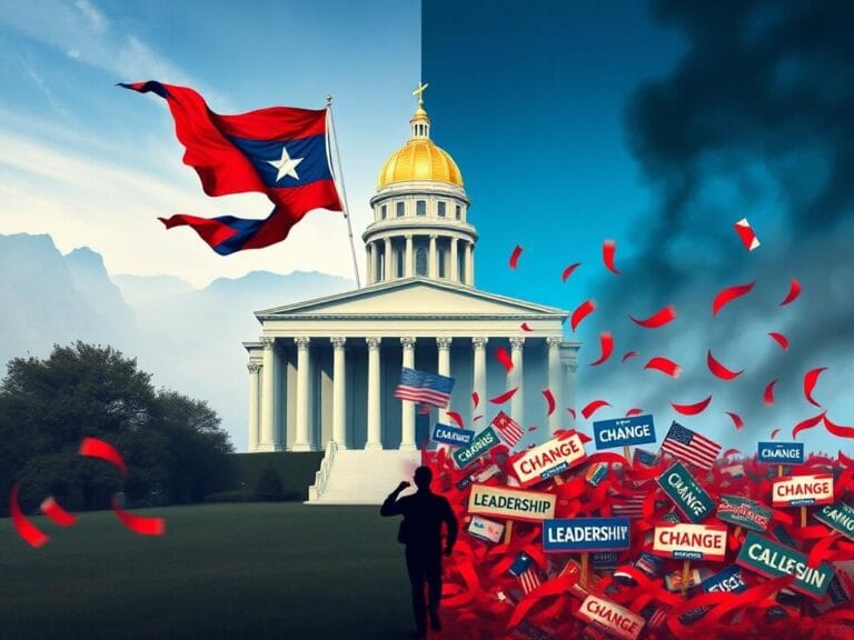 Flick International Abstract representation of political rivalry in South Carolina, featuring a government building and chaotic campaign landscape