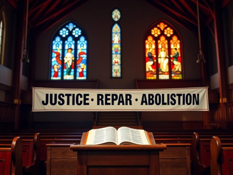 Flick International Interior of a church featuring an empty pulpit with a banner advocating for justice and reparations