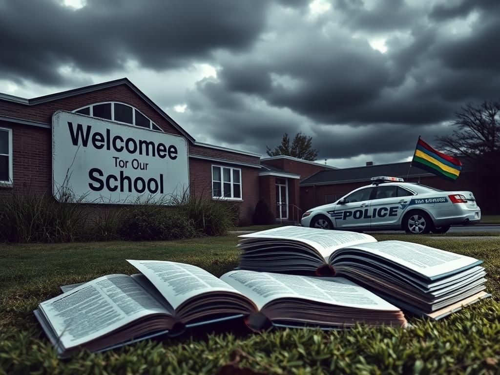 Flick International A contemplative public school building in Massachusetts with an overgrown sign symbolizing neglect