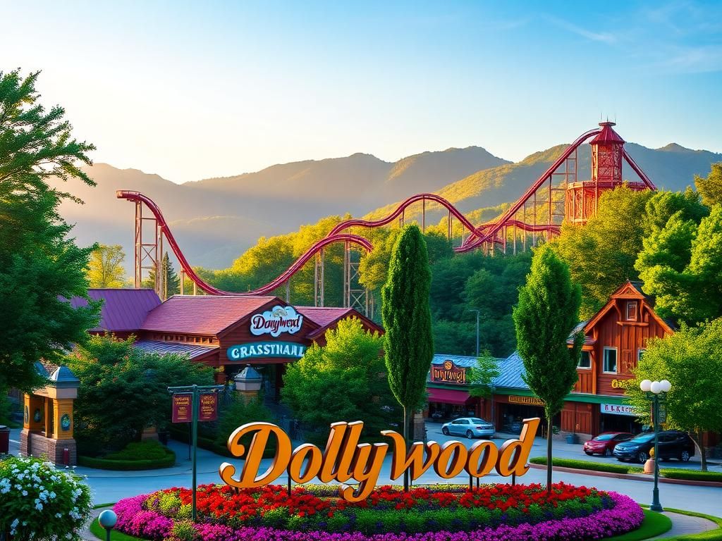 Flick International Panoramic view of Dollywood amusement park with colorful roller coasters amidst lush greenery