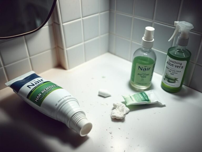 Flick International Distressed bathroom countertop with Nair bottle and aloe vera gel after a beauty mishap