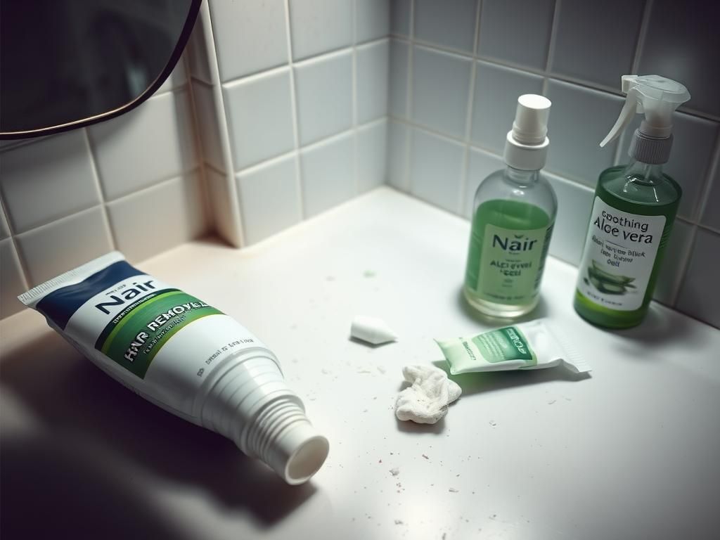 Flick International Distressed bathroom countertop with Nair bottle and aloe vera gel after a beauty mishap